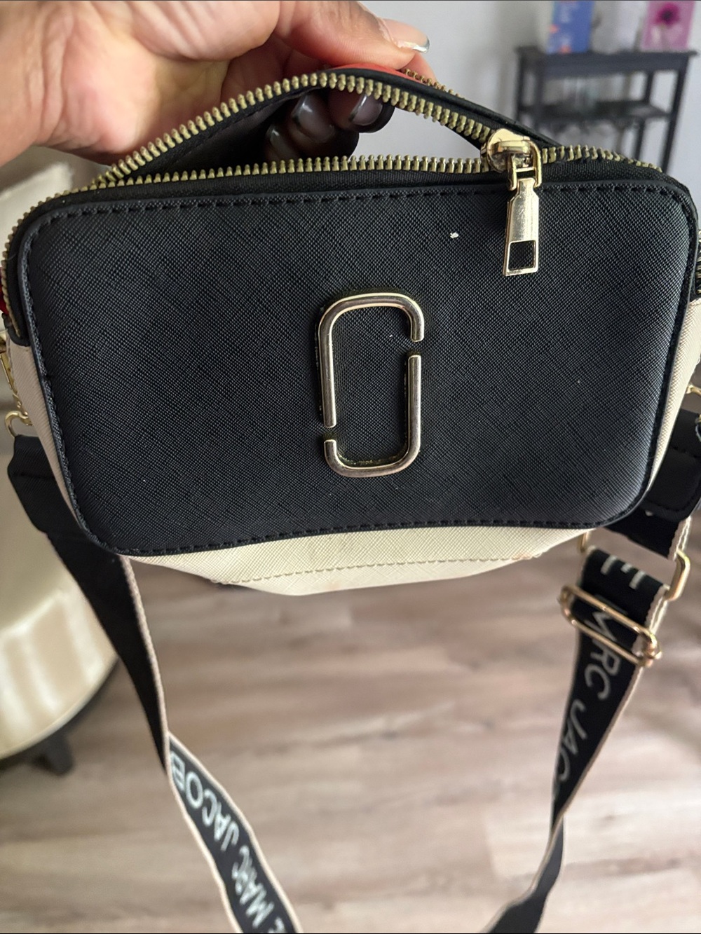 Marc Jacobs Black and Cream Crossbody Camera Bag with Branded Strap
